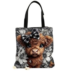 Charming Brown and Black Highland Cow With Checkered Bow Tote Bag